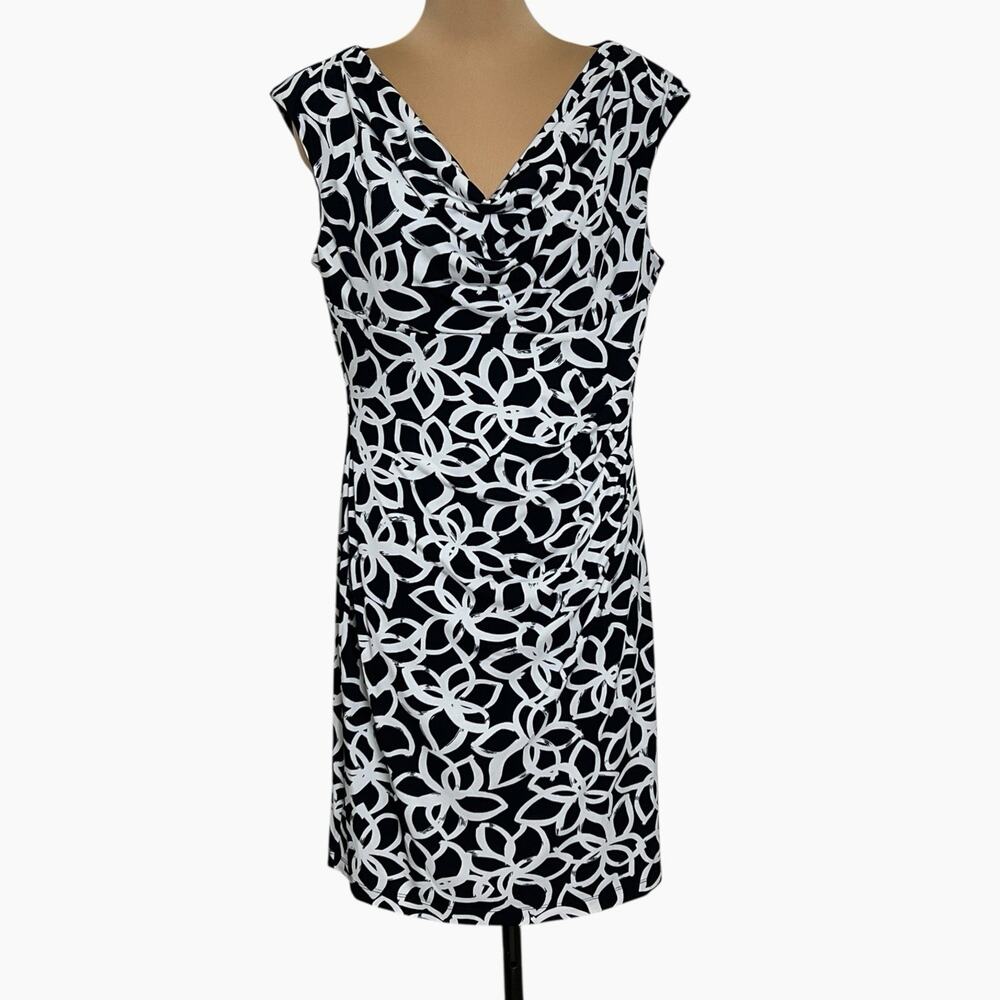Anne Klein Sleeveless Dress Size Large White Navy Cowl Neck Side Ruching Pull On